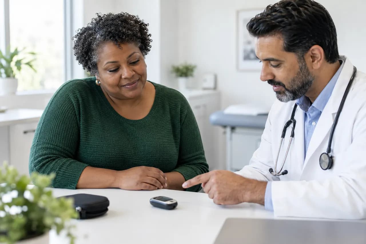 A woman reviewing a glucose meter with a clinician.