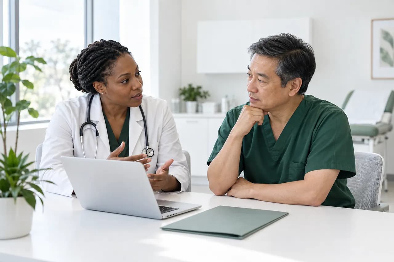 Two healthcare professionals discussing patient care in a bright clinic.