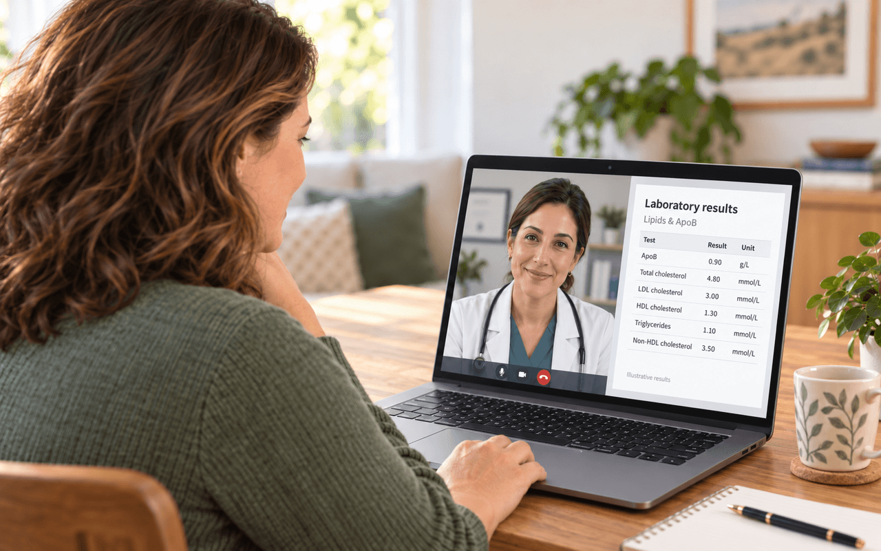 Over a patient's shoulder, a smiling doctor appears on a laptop video call beside a six-row ApoB and cholesterol laboratory report.