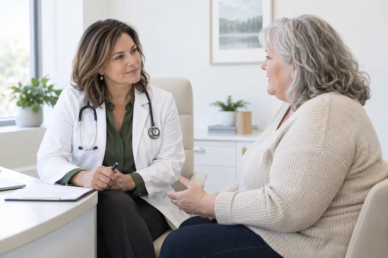 A physician listening attentively to an older woman in a bright consultation room.